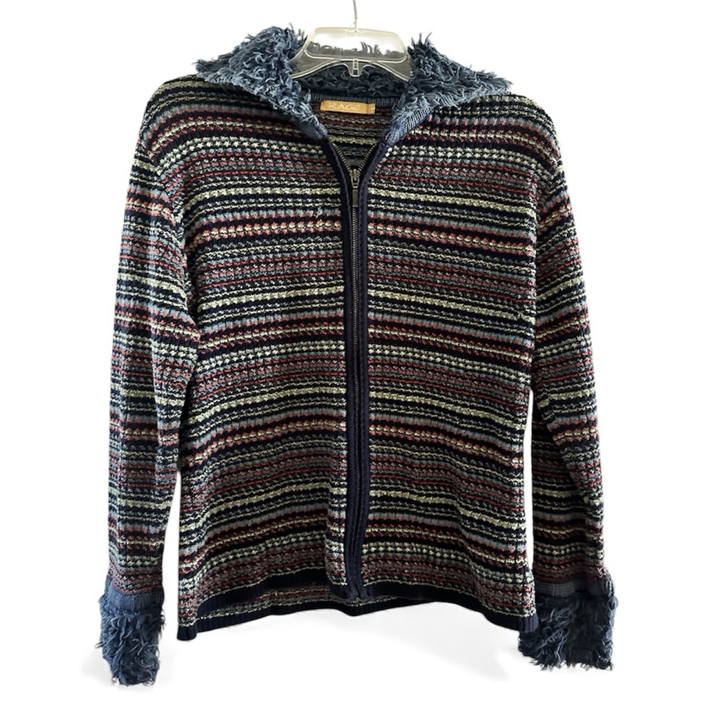 Women Striped Sweater with Faux Fur Trim